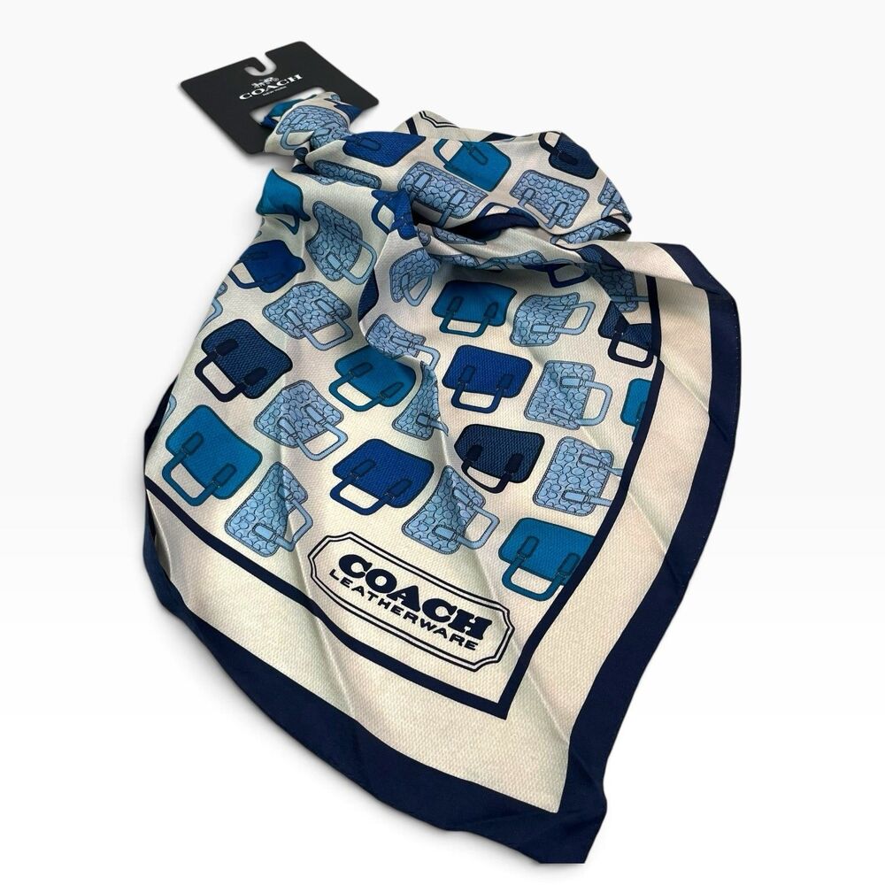 COACH Trompe L'Oeil Bag Print Silk Scarf 35x35 Cream Blue Preppy Hair Neck NWT